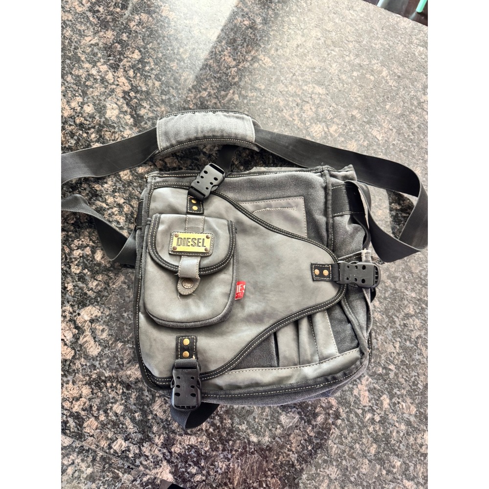Diesel Grey Canvas Messenger Bag Industrial Crossbody Utility Y2K Streetwear